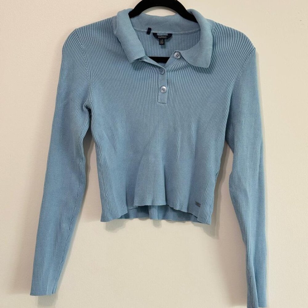 Buffalo David Bitton Ribbed Polo Long Sleeve Top Baby Blue